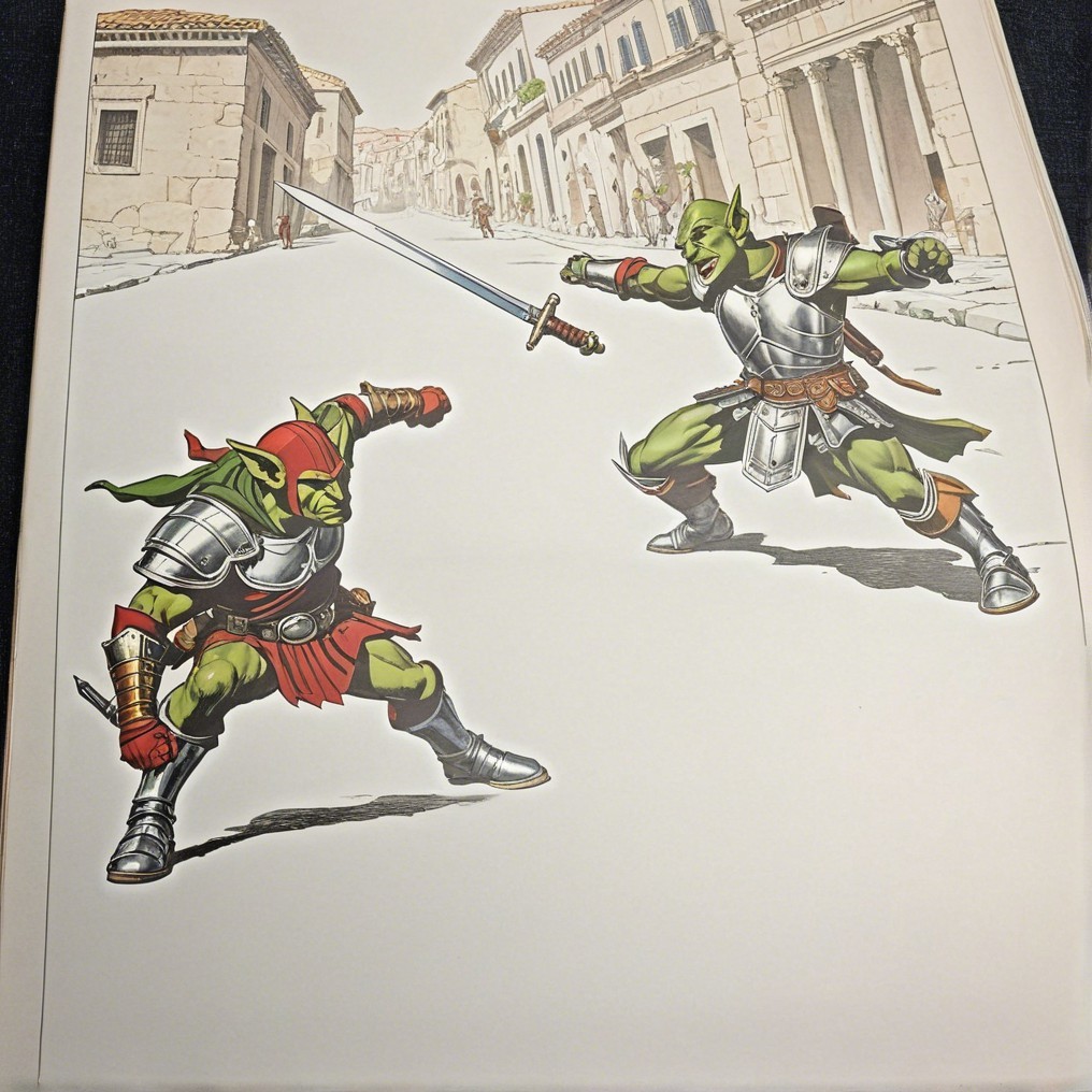 Goblins Duel on Cobblestone Street with Ancient Architecture