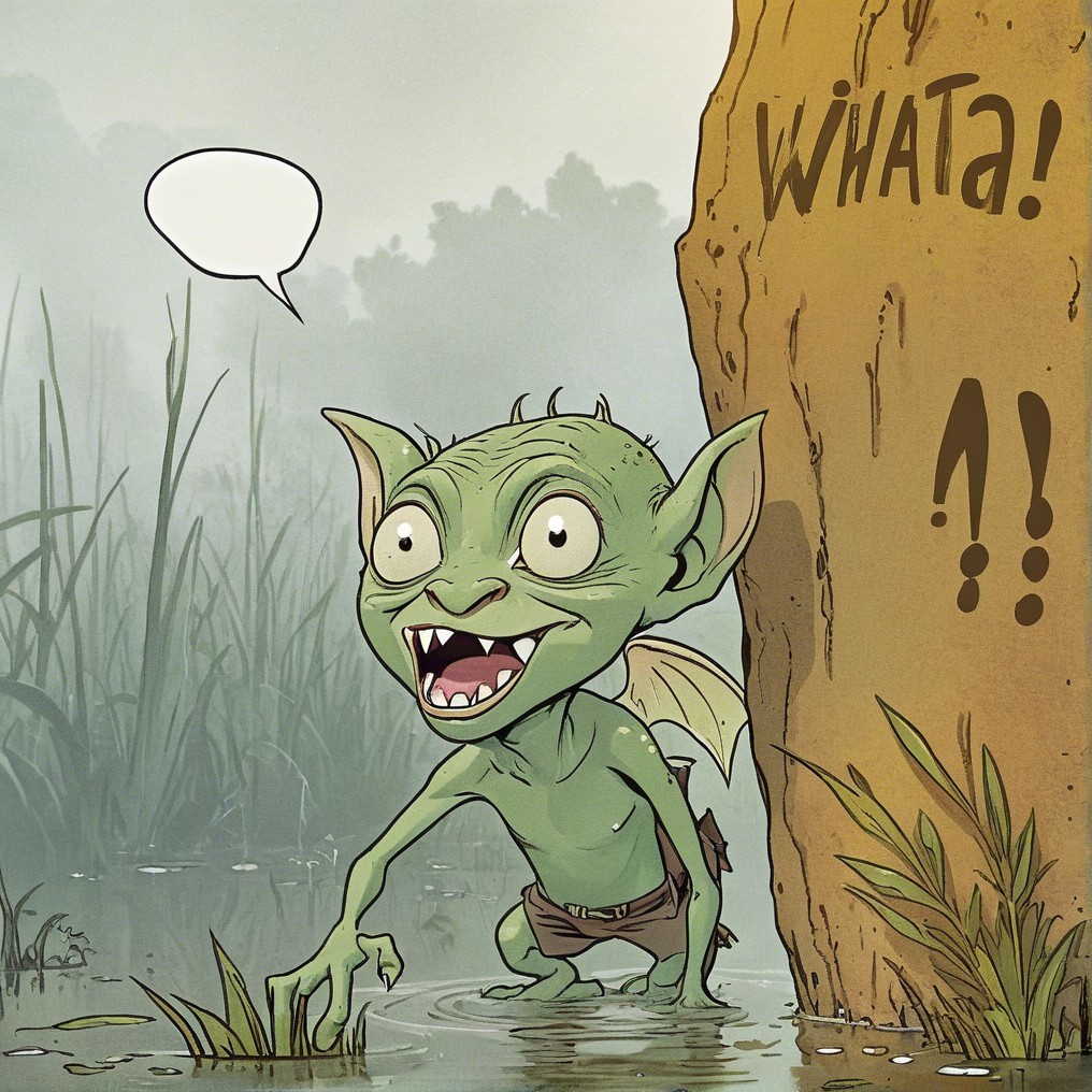Mischievous Green Goblin in Misty Swamp Setting