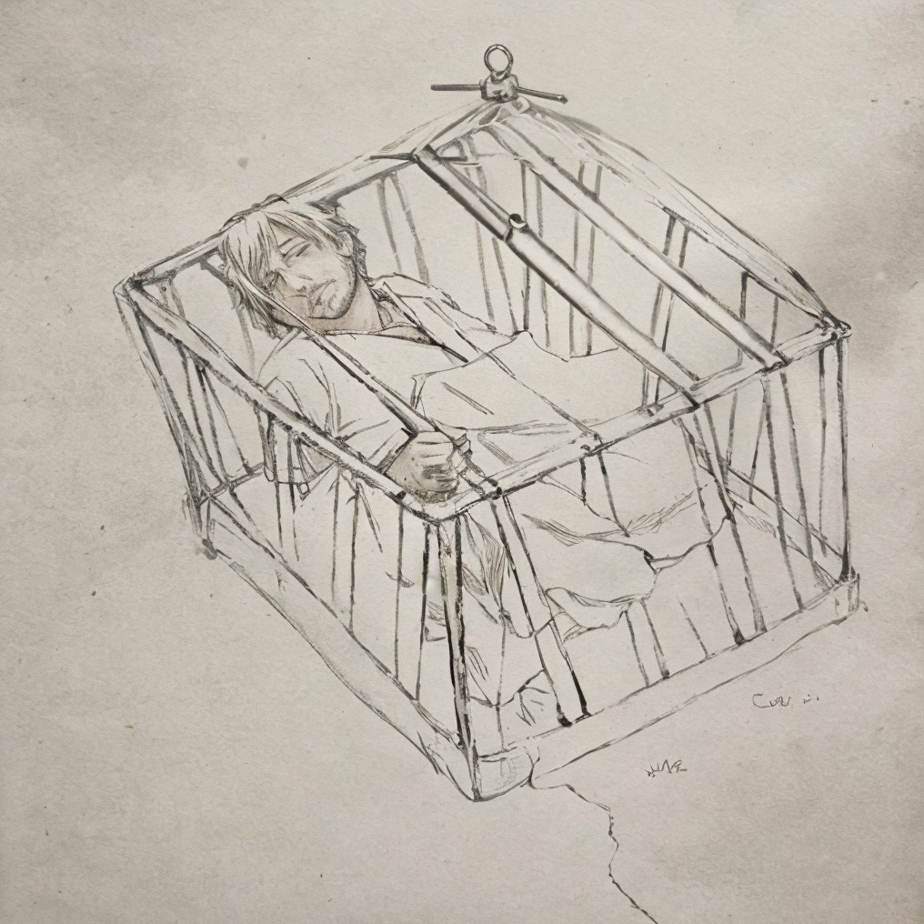 Person in a metal cage reflecting solitude and vulnerability