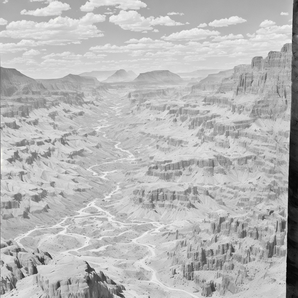 Black and white landscape of a vast canyon and river