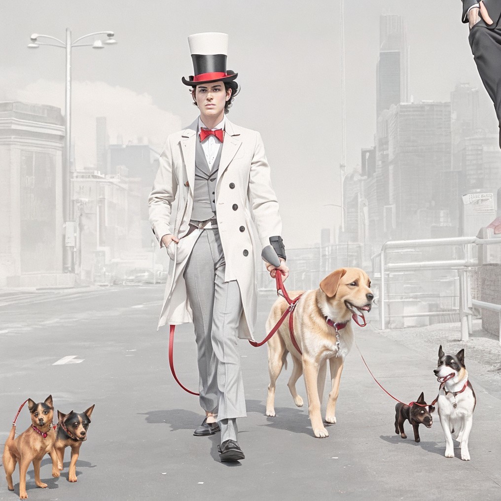 Fashionable Man in Top Hat Walking Three Dogs