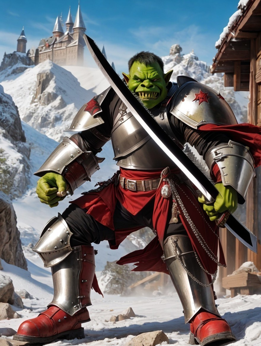 Orc Warrior in Silver Armor in Snowy Landscape
