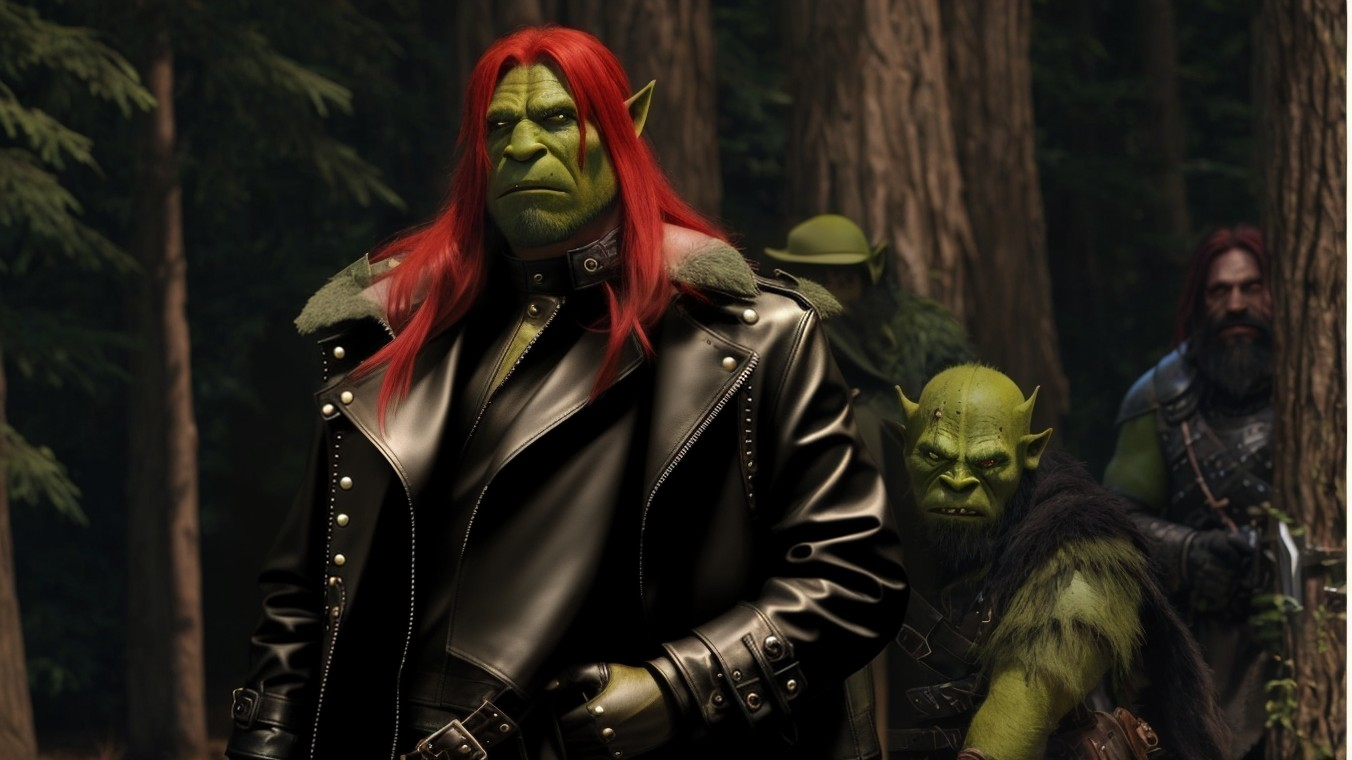 Fierce Orc in Leather Coat Among Adventurous Companions