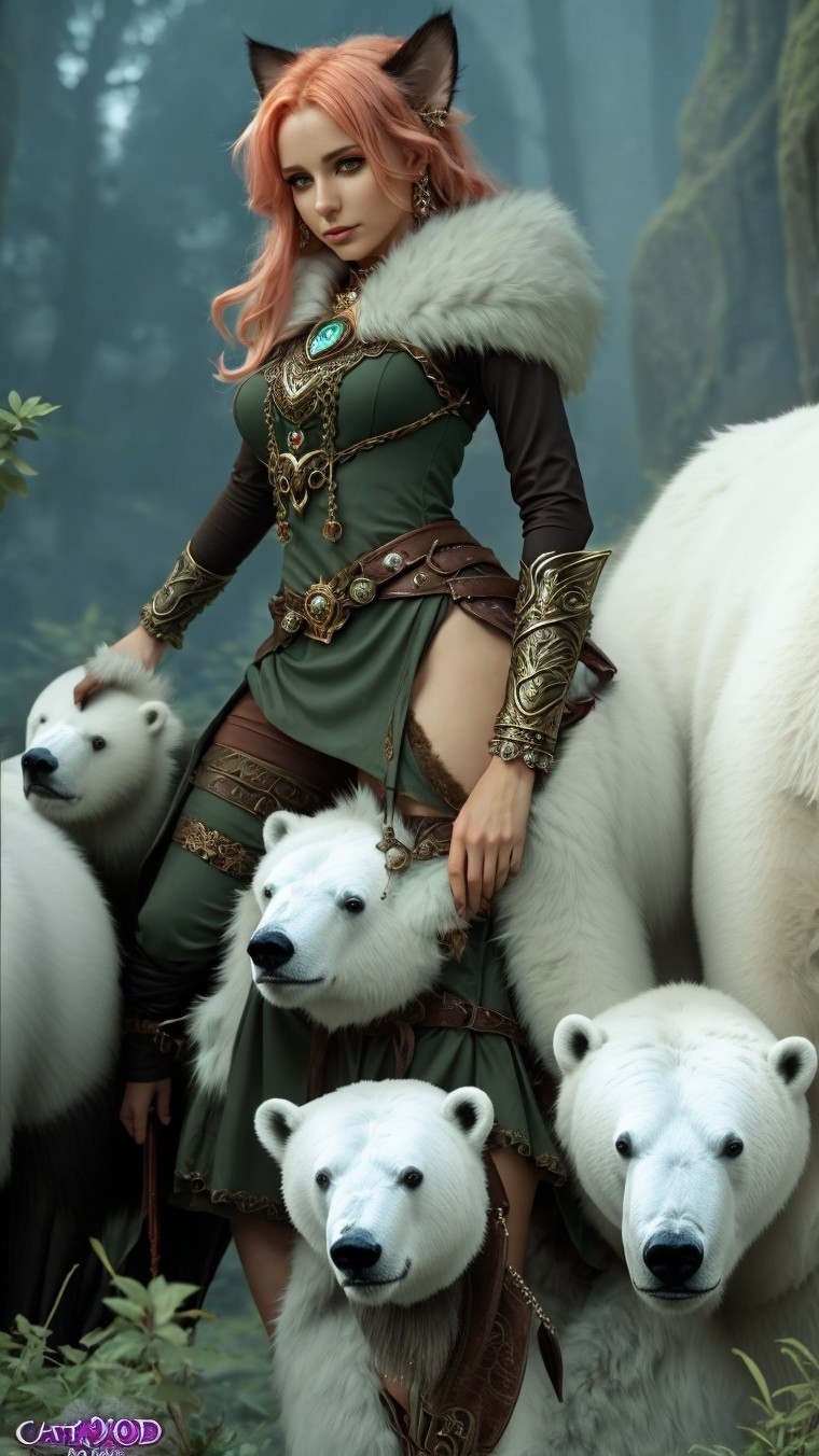Fantasy Scene of Woman with Pink Hair and Polar Bears