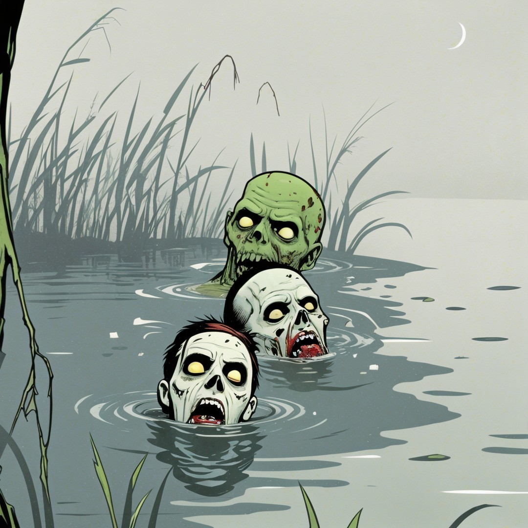 Eerie Zombies Rise from Dark Water in Foggy Landscape