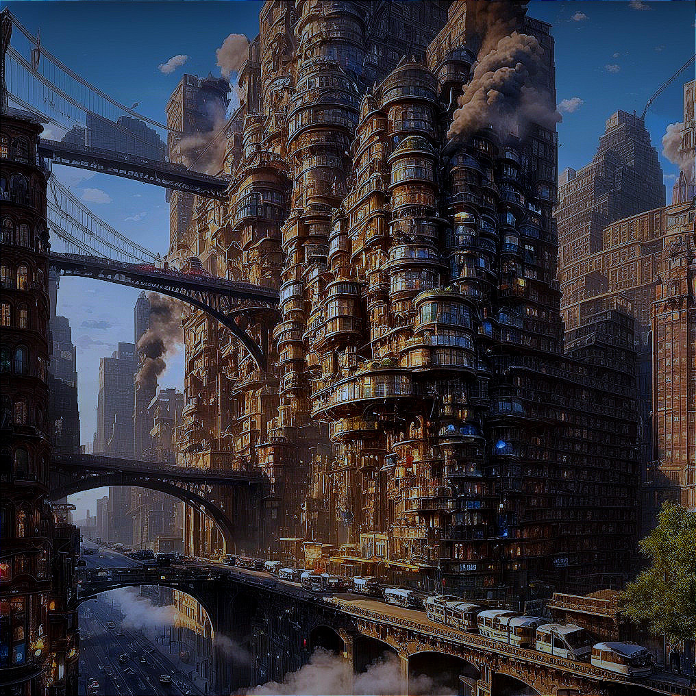 Futuristic Cityscape with Steampunk and Modern Elements