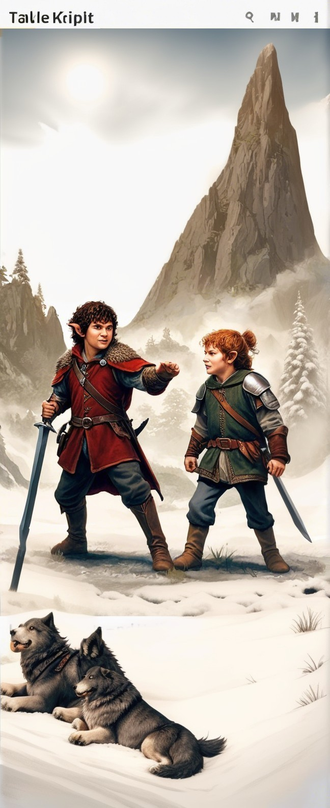 Adventurers in Snowy Landscape with Wolves and Mountains