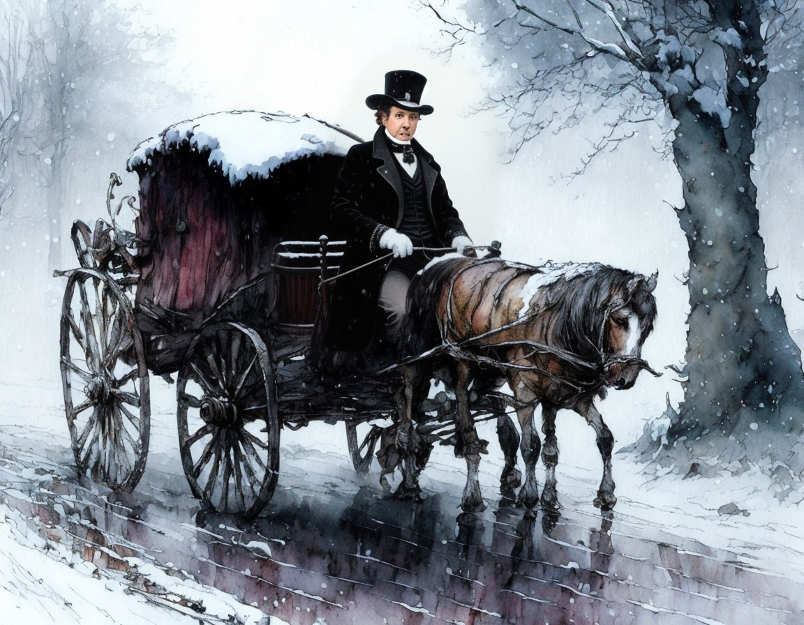 Vintage winter scene with horse-drawn carriage in snow