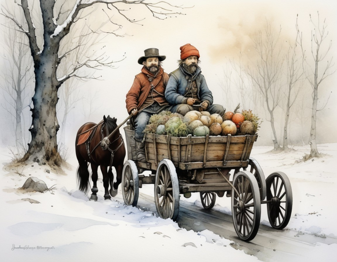 Men on Horse-Pulled Cart in Snowy Landscape
