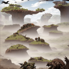 Fantastical landscape with floating islands and creatures