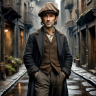 Man in Vintage Attire in Cobblestone Alleyway