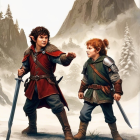 Adventurers in Snowy Landscape with Wolves and Mountains