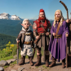 Fantasy Characters Against Majestic Mountain Backdrop