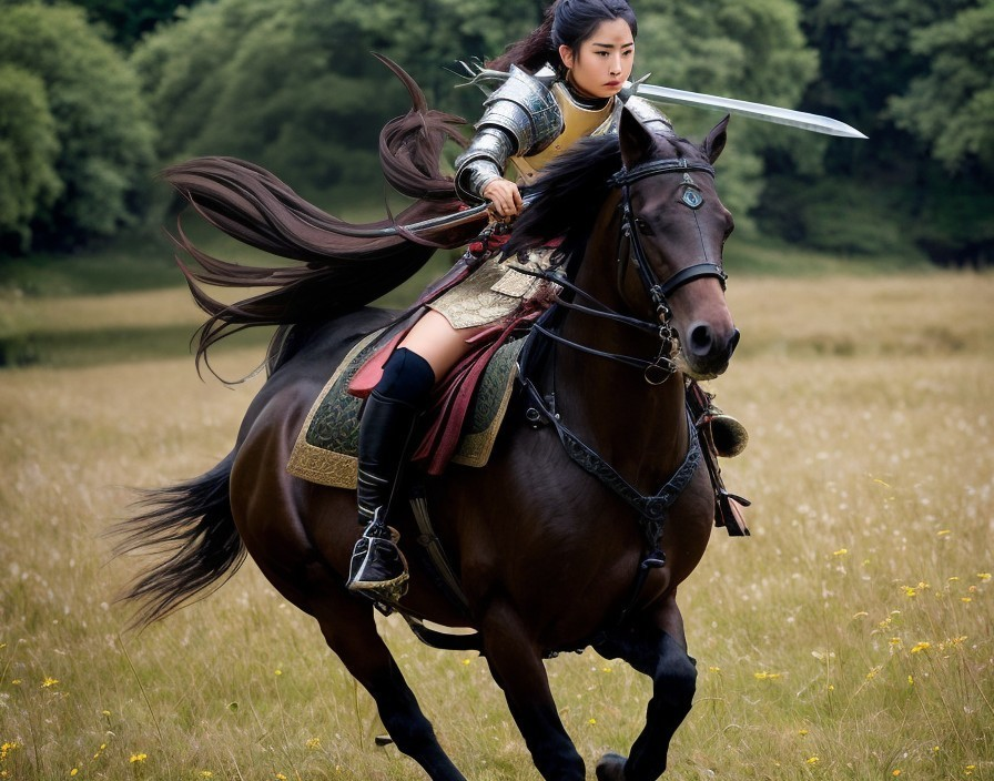Warrior on Black Horse in Lush Green Field