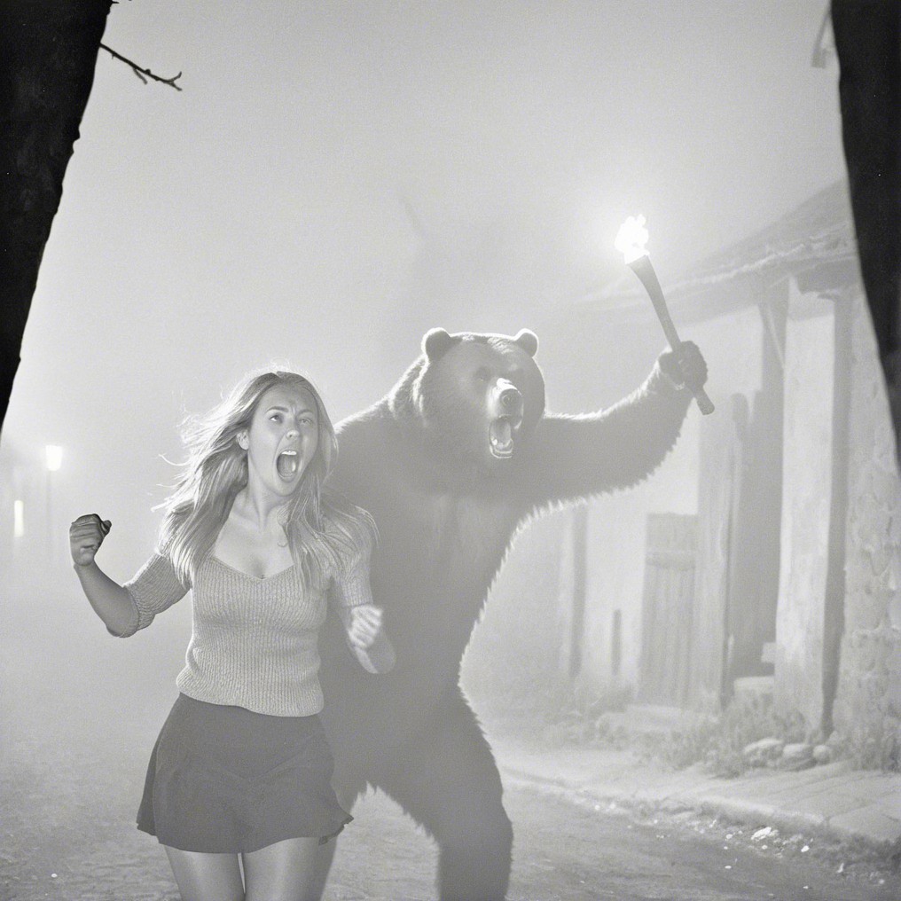 Woman in terror as bear charges on foggy street