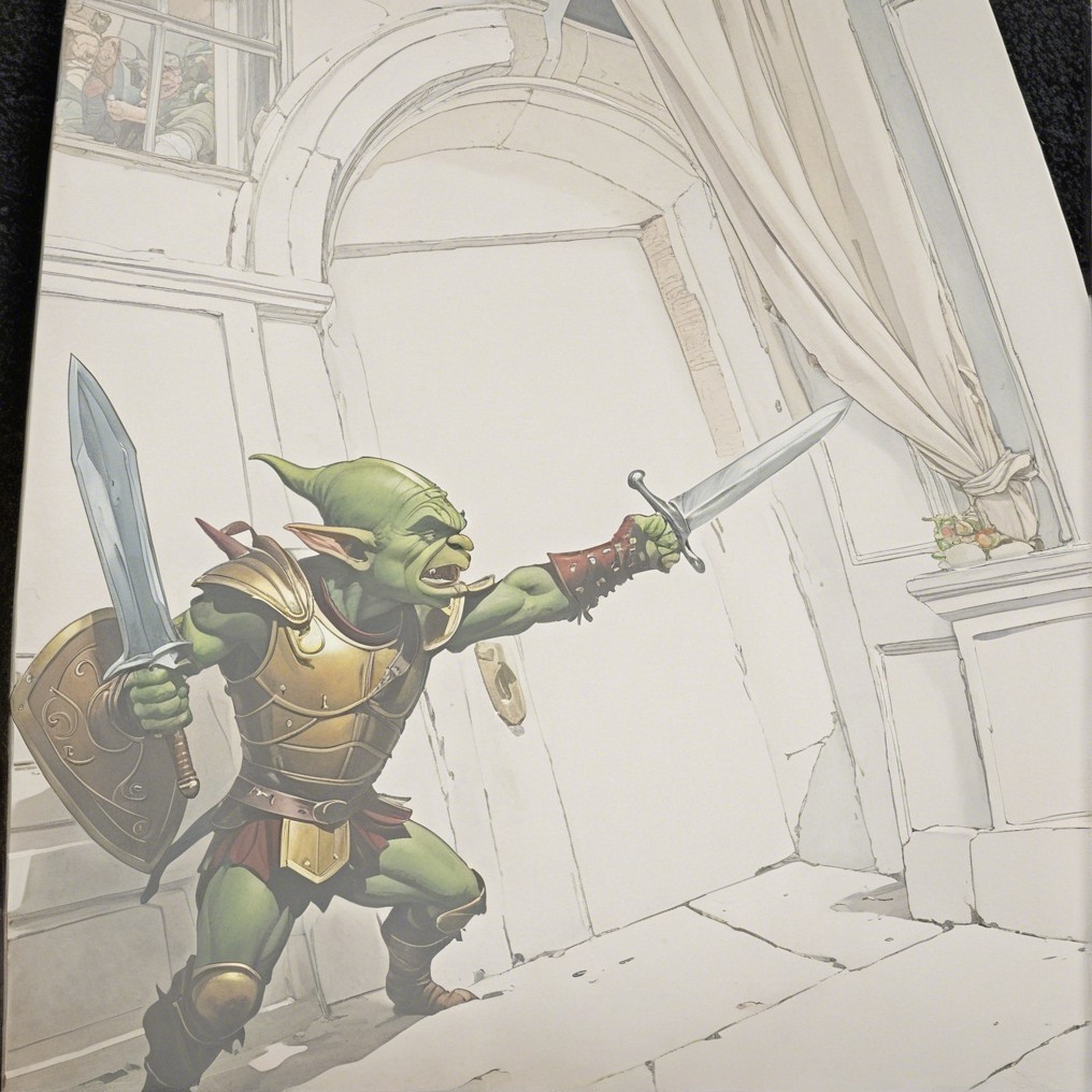 Green Goblin Warrior in Bronze Armor at Open Door