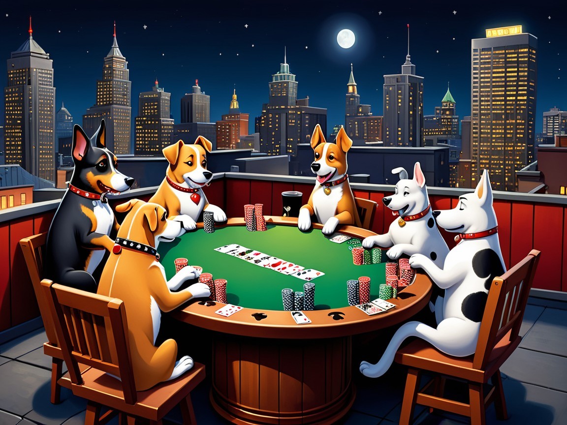 Cartoon Dogs Playing Poker on Rooftop at Night
