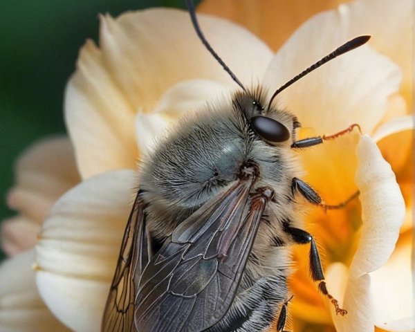 Close-Up of a Bee on a Peach Flower with Green Background