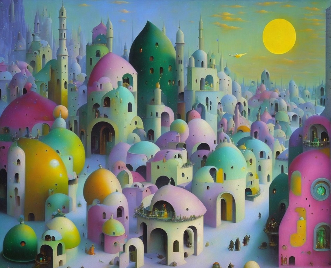 Surreal cityscape with pastel domes and spires