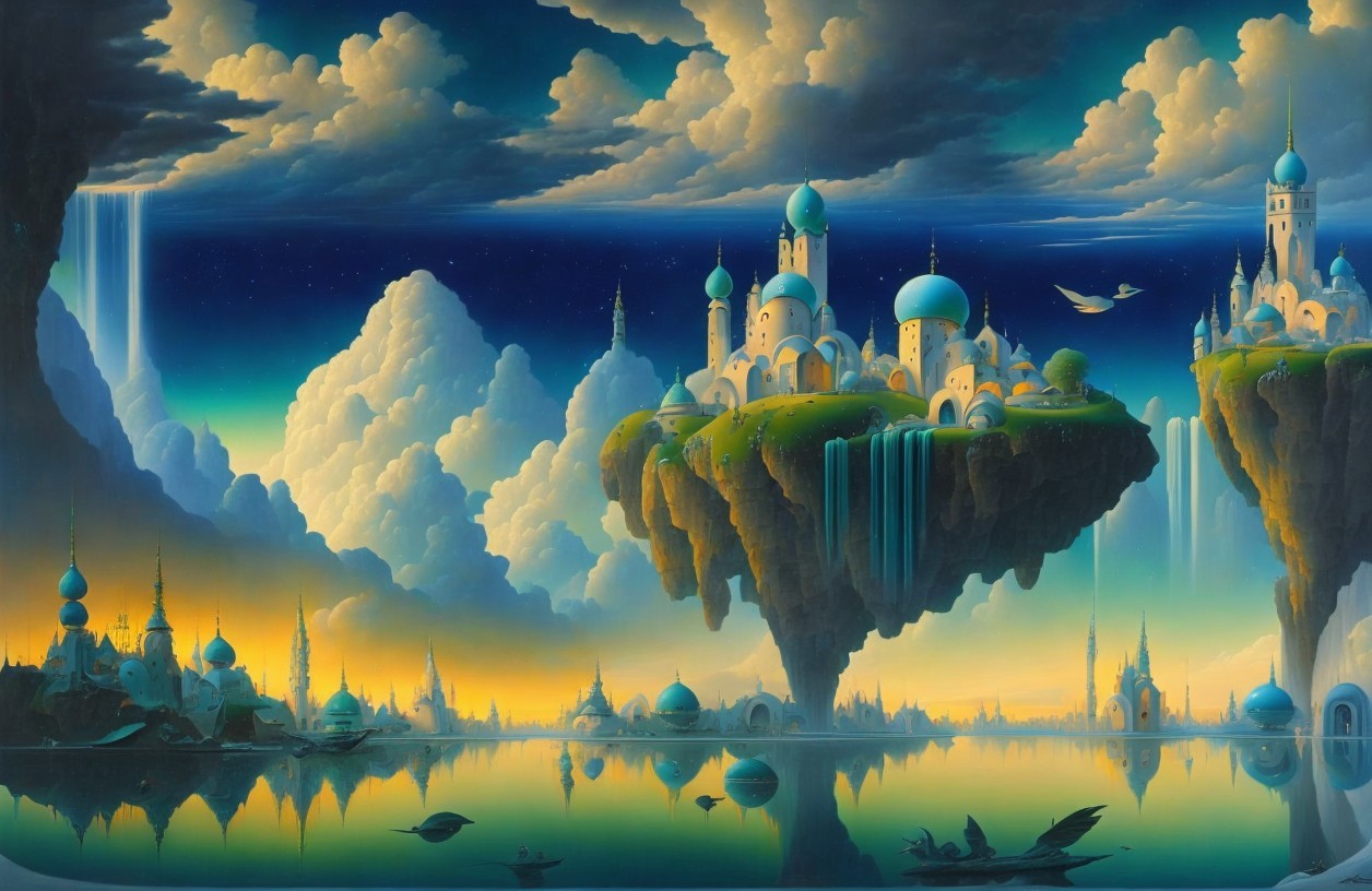 Floating Islands with Ornate Buildings and Waterfalls
