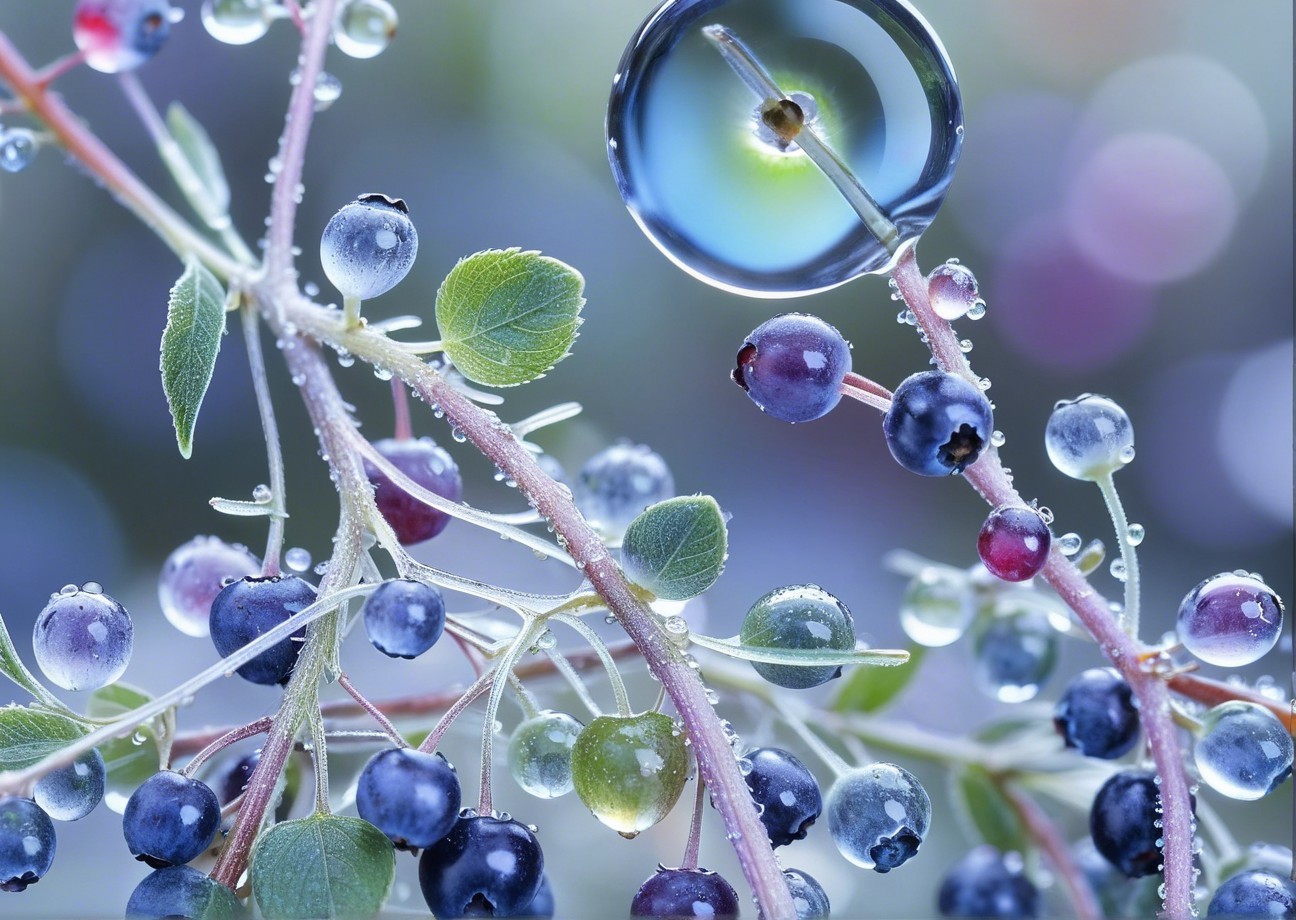 Close-Up of Dew-Covered Blueberry Branches