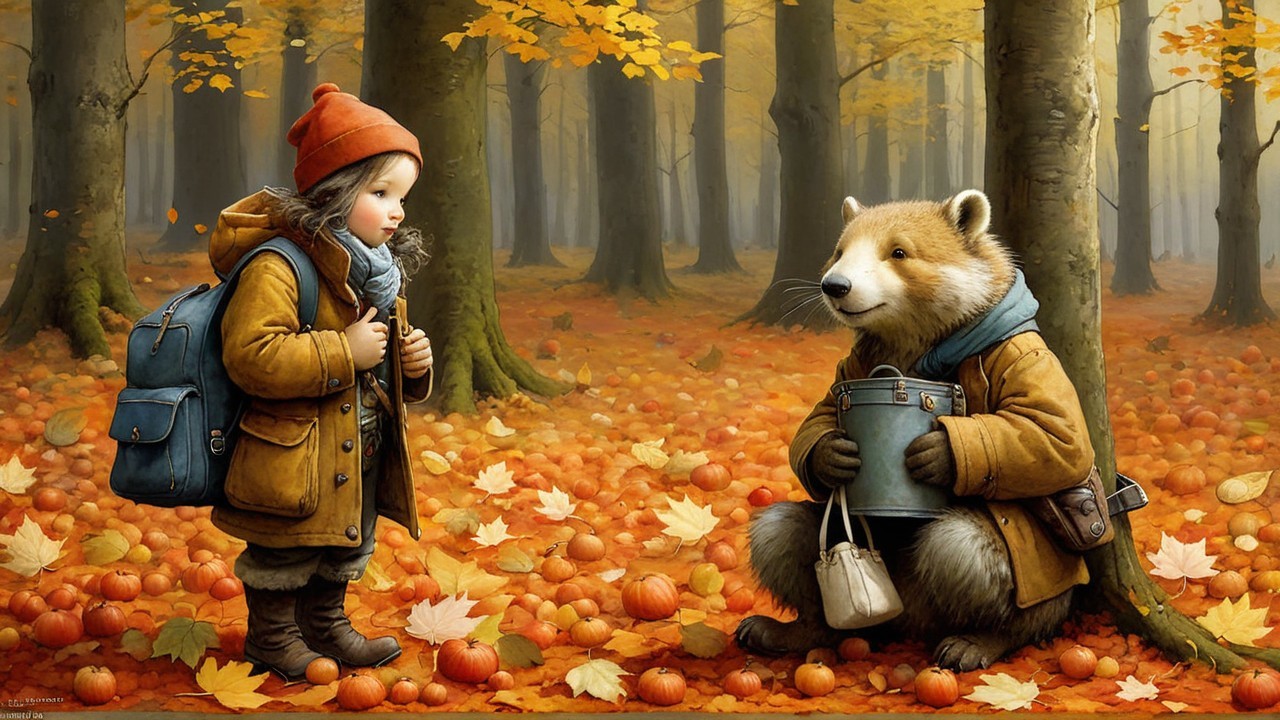 Young Girl and Bear in Whimsical Autumn Forest