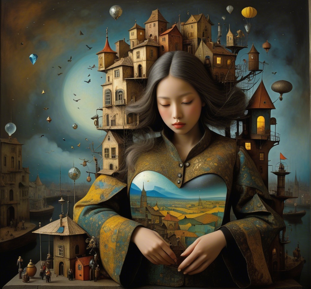 Serene Figure with Heart-Shaped Vibrant Landscape