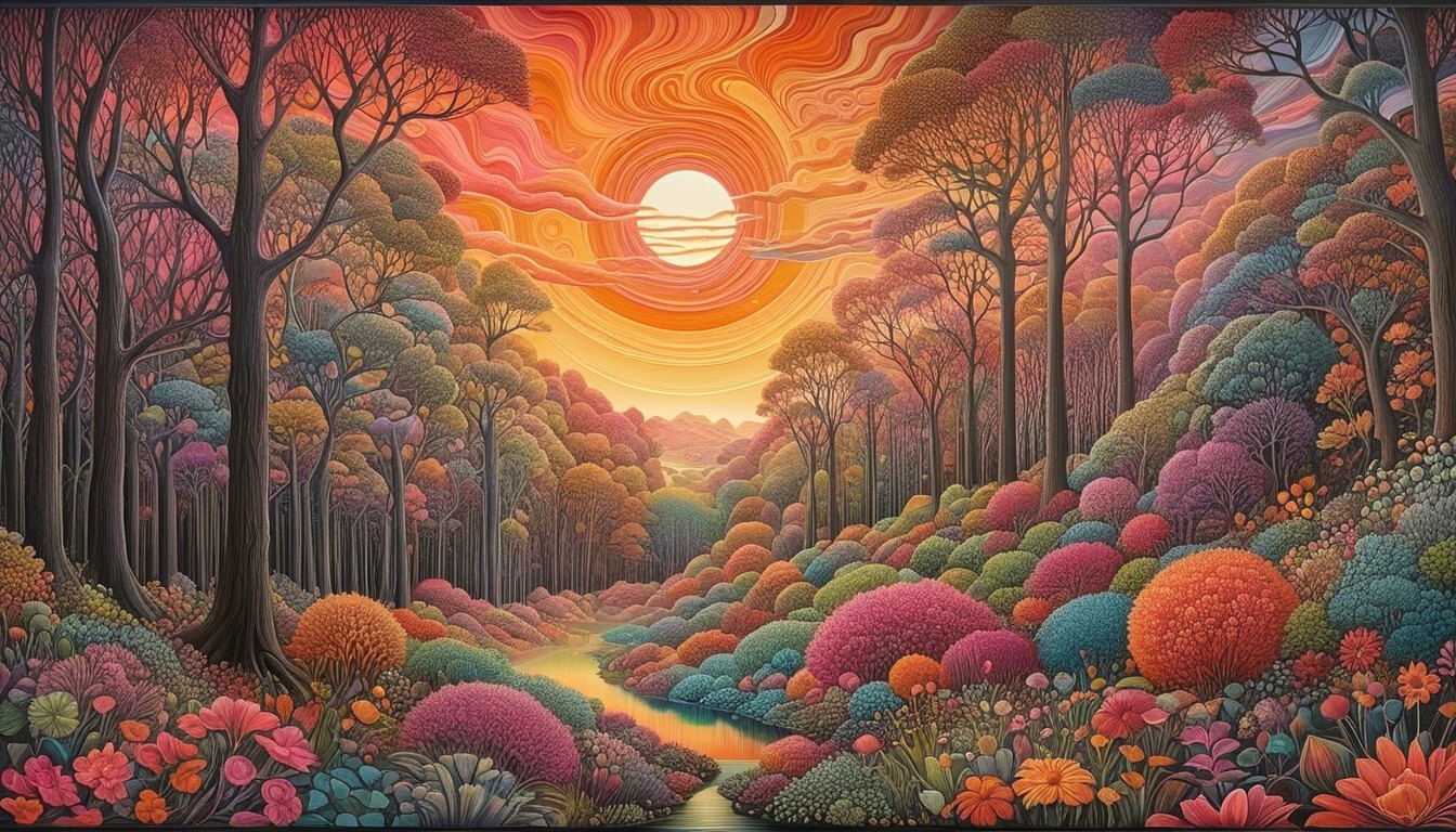 Surreal Landscape with Colorful Trees and Waterway