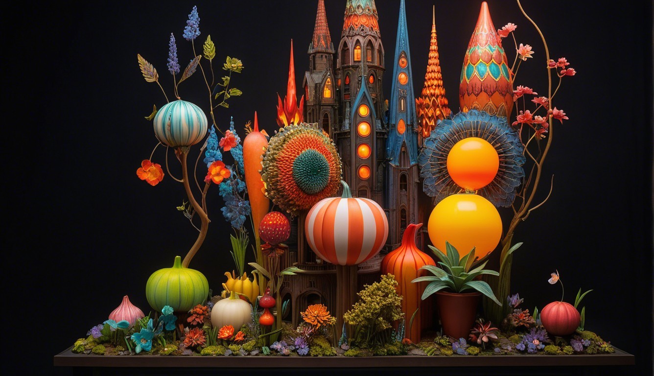 Whimsical Castle with Colorful Sculptures and Lights