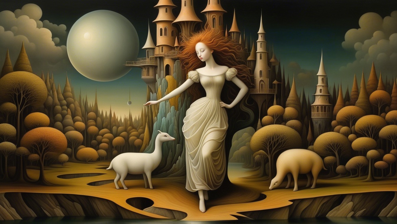 Whimsical Dreamlike Landscape with Serene Figure and Deer