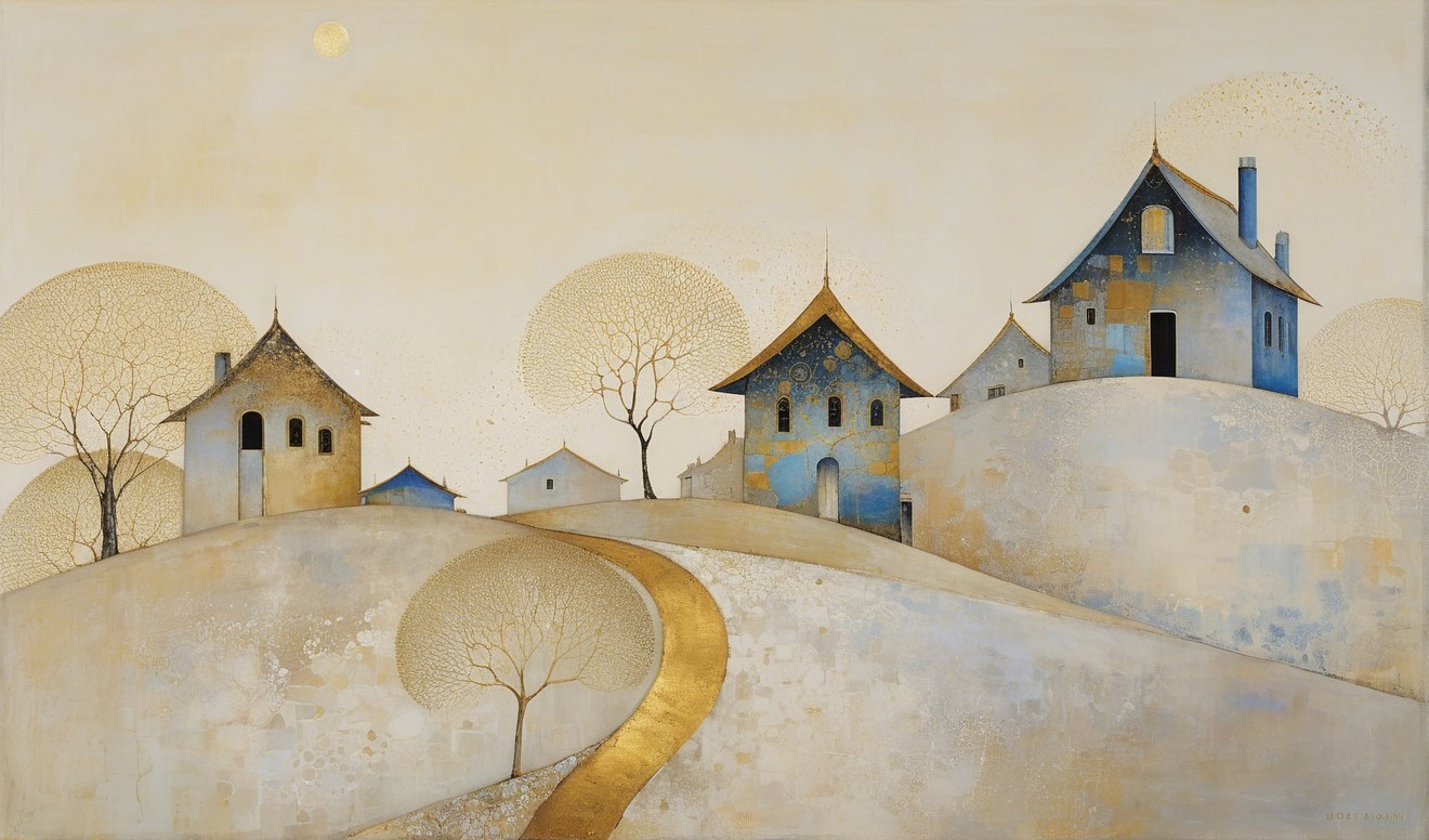 Serene landscape with whimsical houses and rolling hills
