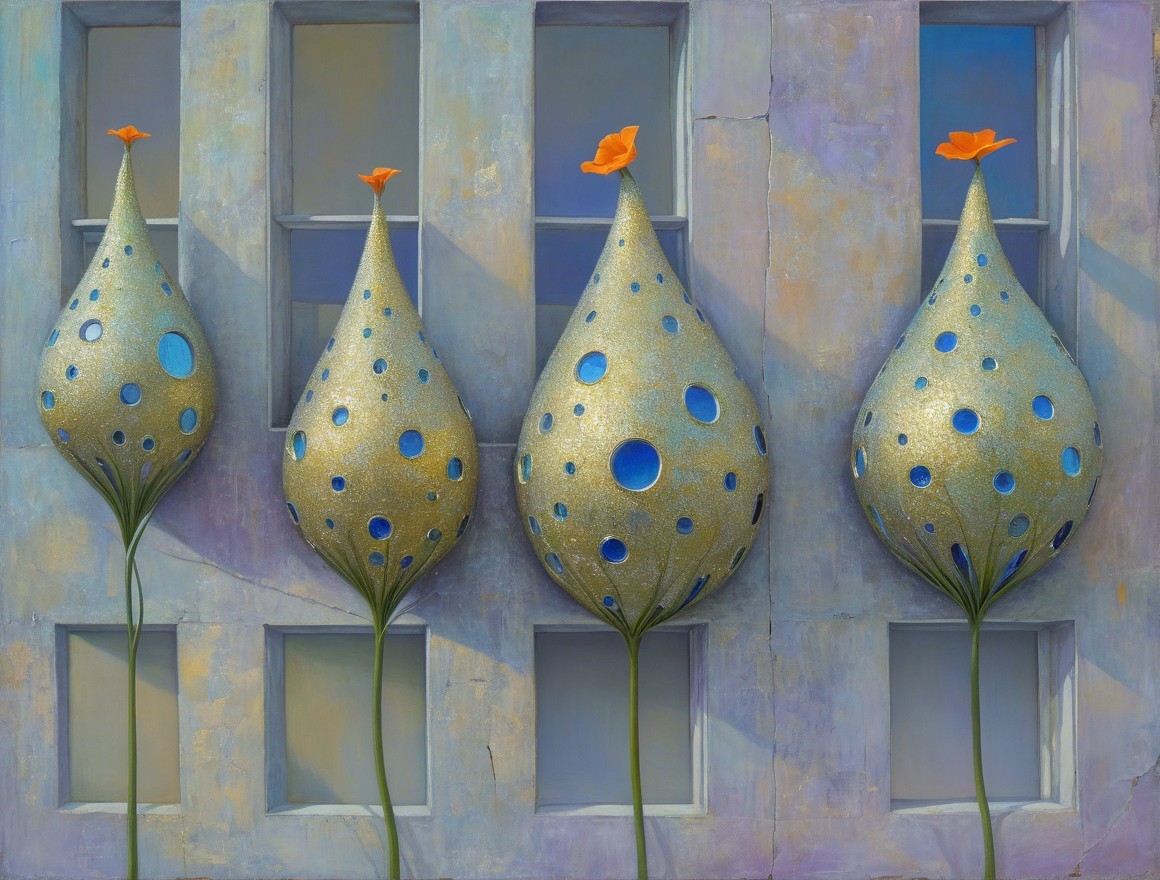 Surreal Teardrop Forms with Flowers and Colorful Background