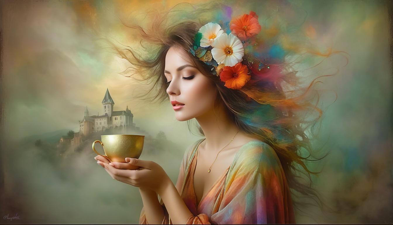 Serene woman with flowers and golden cup in mist