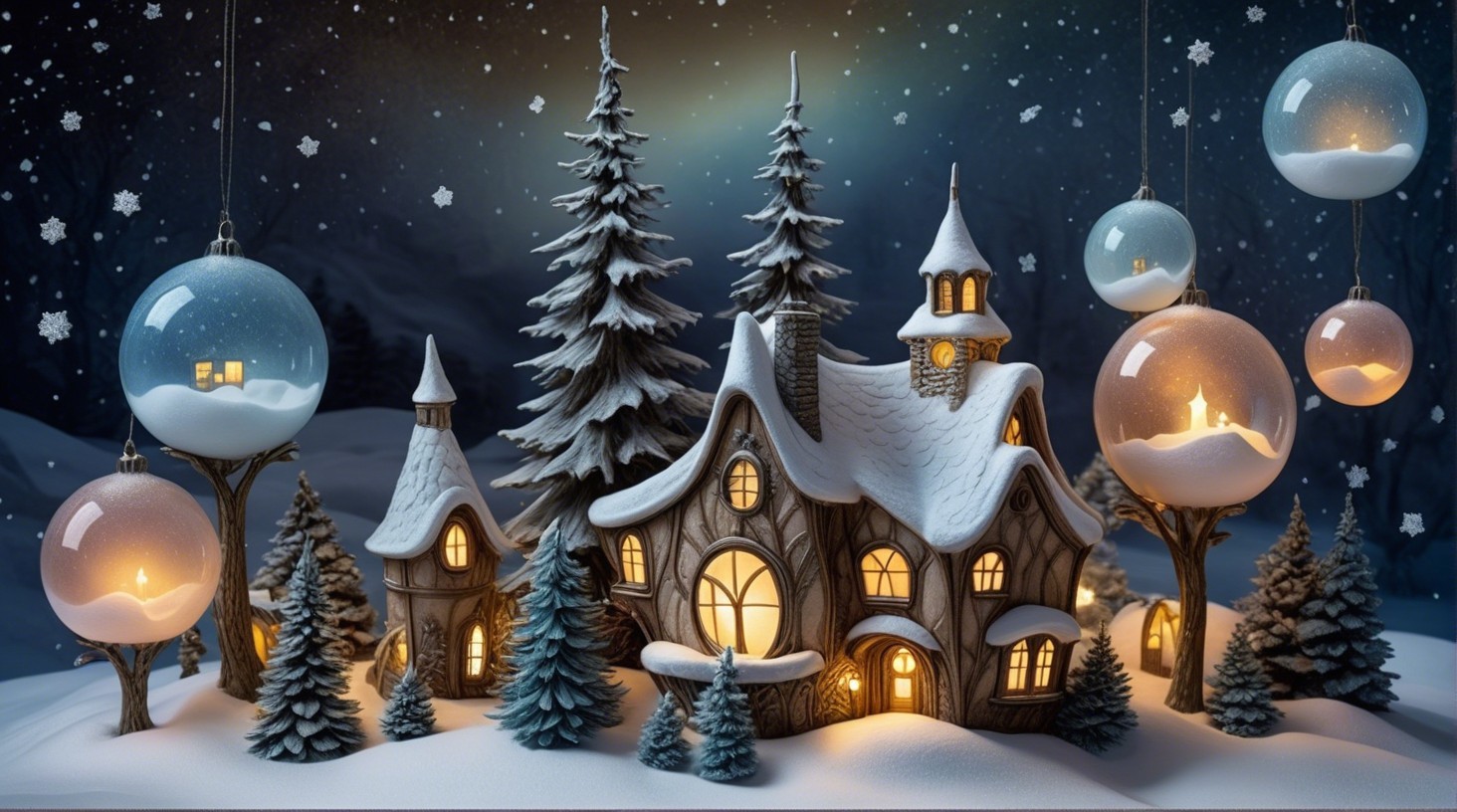 Quaint Winter Village with Snow and Festive Ornaments