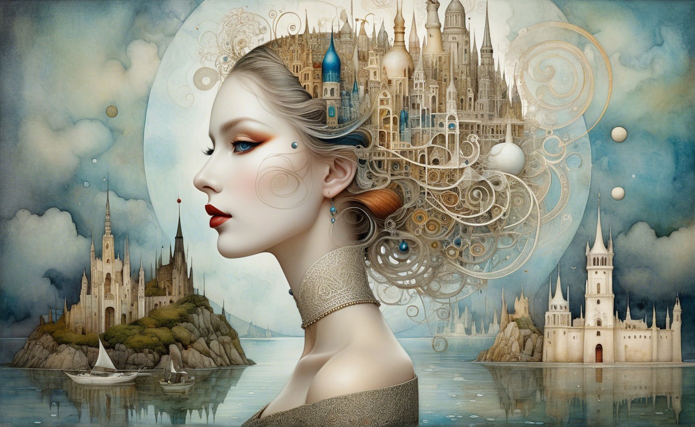 Watercolor Art Nouveau Portrait of Woman with Steampunk City