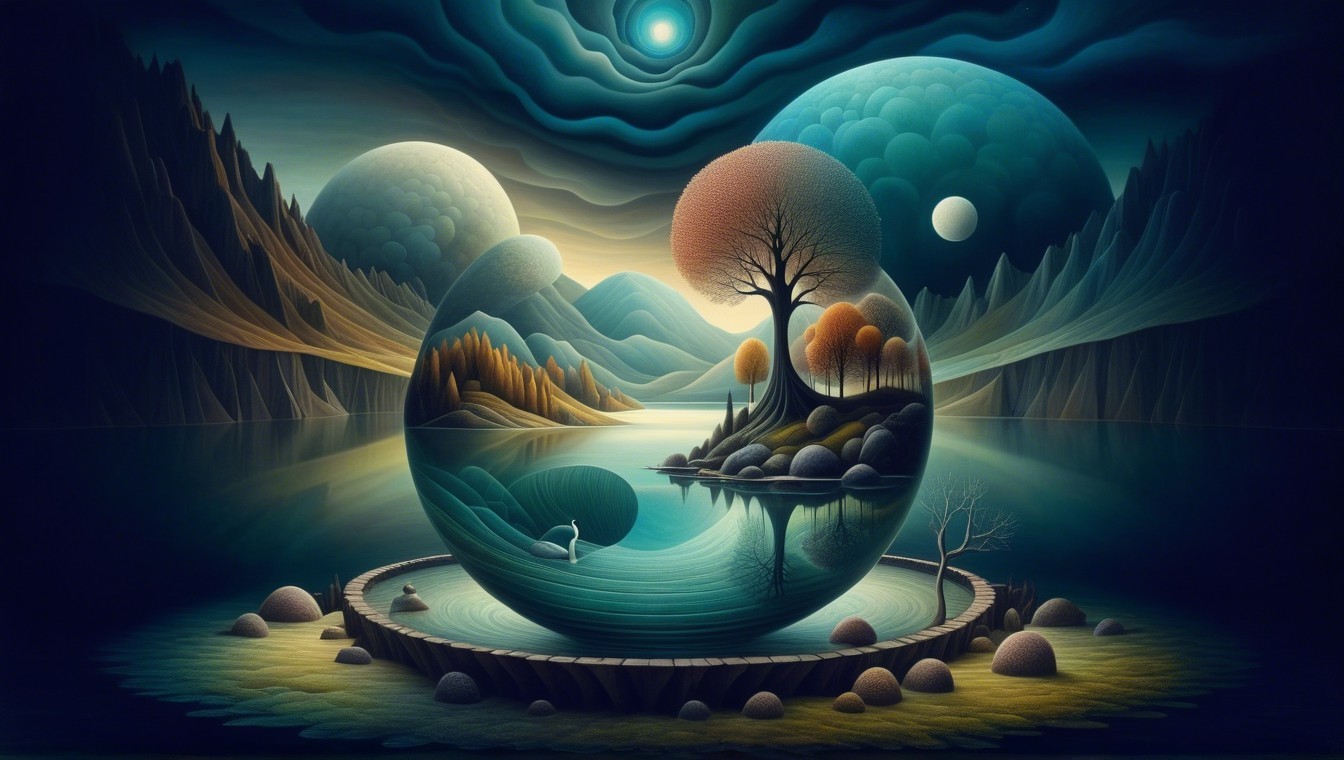 Surreal Landscape with Lake and Abstract Planets