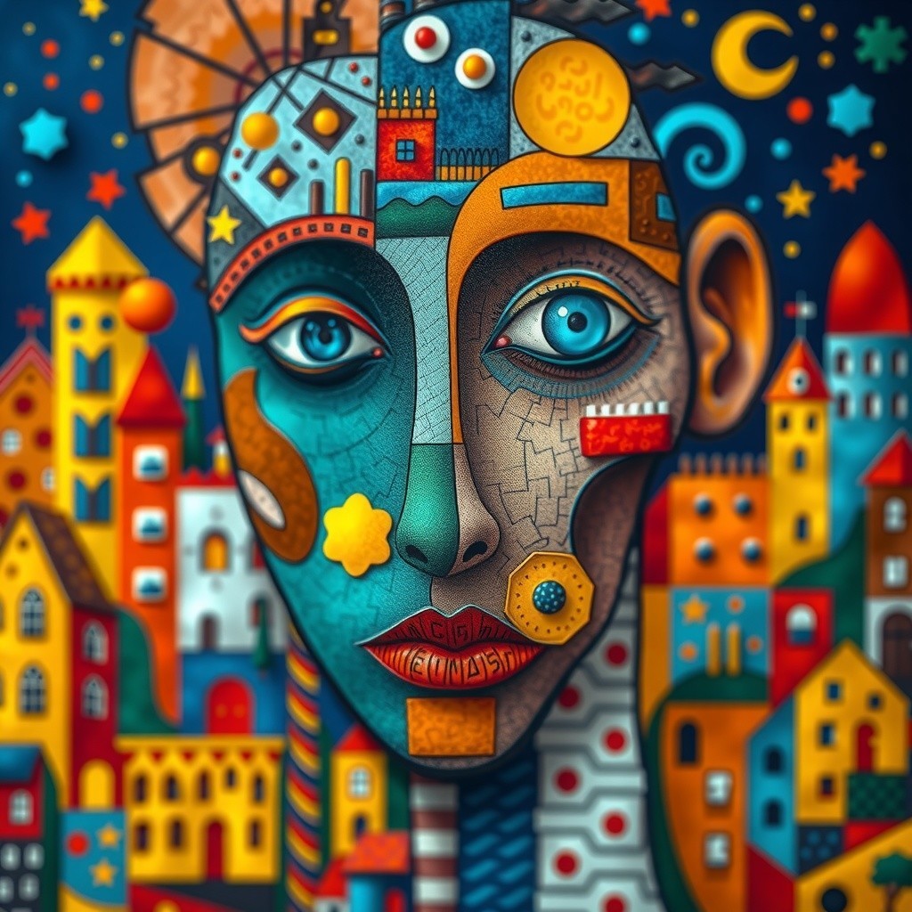 Vibrant Portrait with Blue Eyes and Whimsical Cityscape