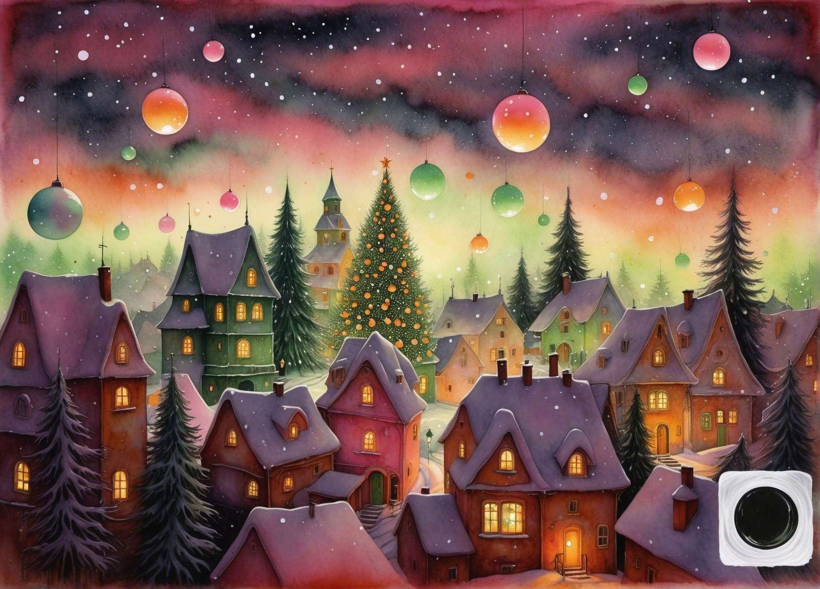 Whimsical Watercolor of a Snowy Christmas Village
