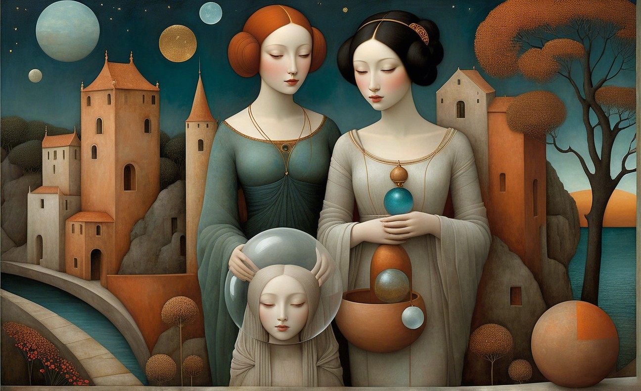 Ethereal Women in Dreamlike Landscape Artwork