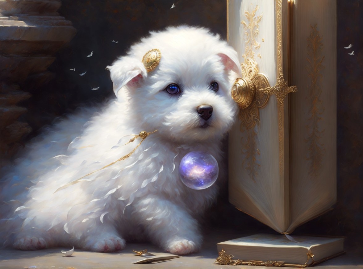 Fluffy White Puppy Beside Ornate Book and Feathers