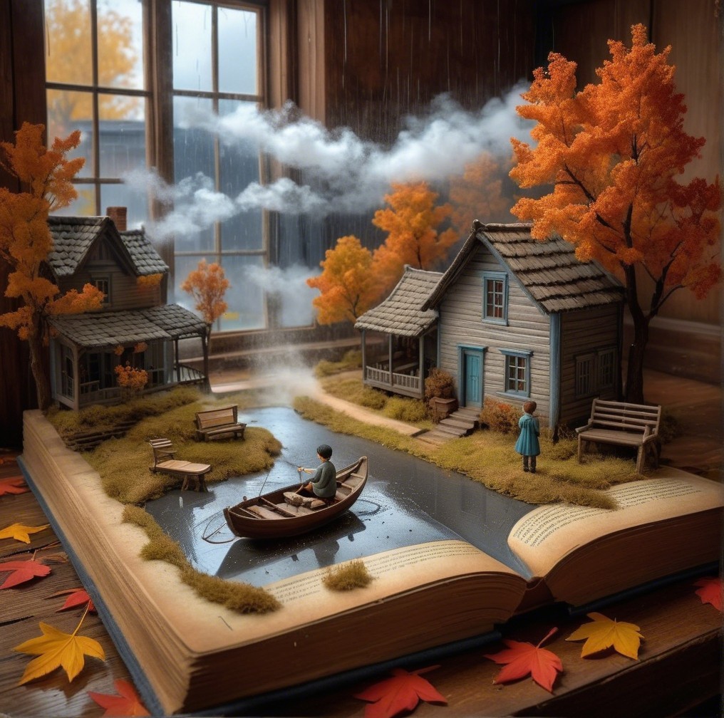 Autumn Landscape with Houses and Tranquil Pond Scene