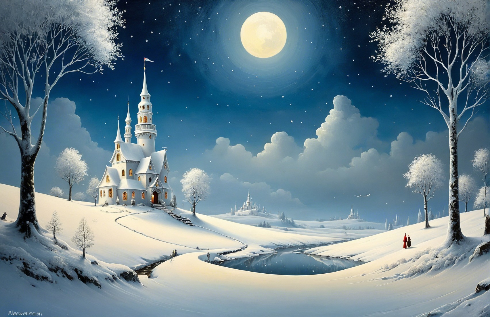 Winter Night Landscape with Castle and Moonlight