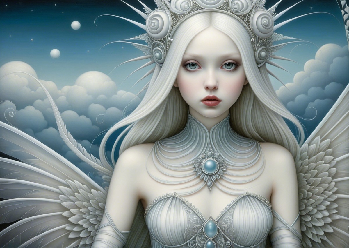 Ethereal Figure with White Hair and Celestial Attire