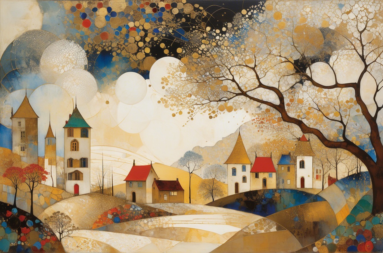 Whimsical Village Folk Art in Watercolor and Gouache