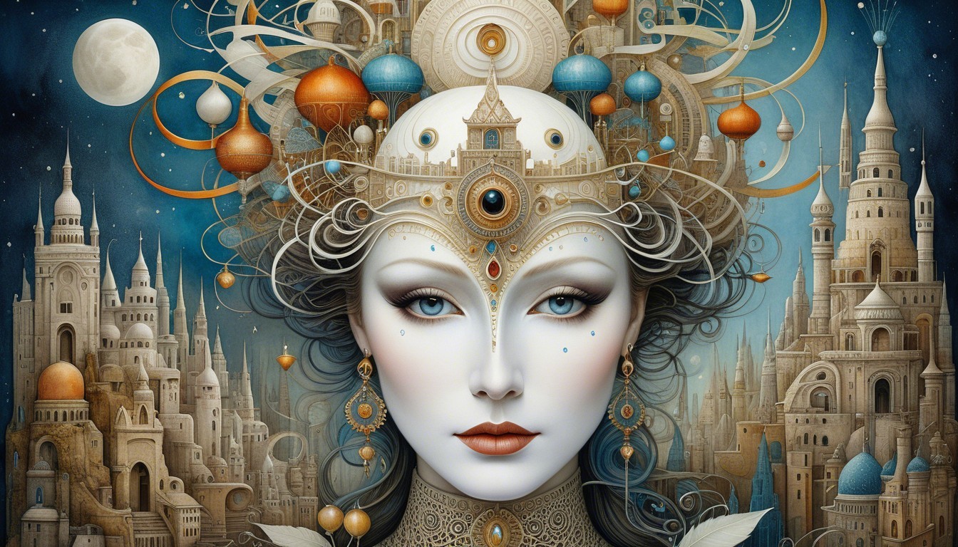 Surreal Woman with Geometric Headdress in Fantasy City