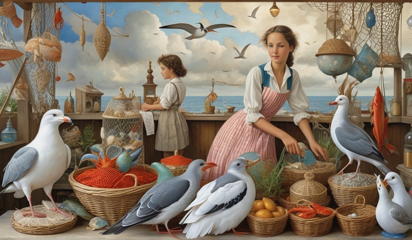 Seaside Market Scene with Colorful Marine Treasures