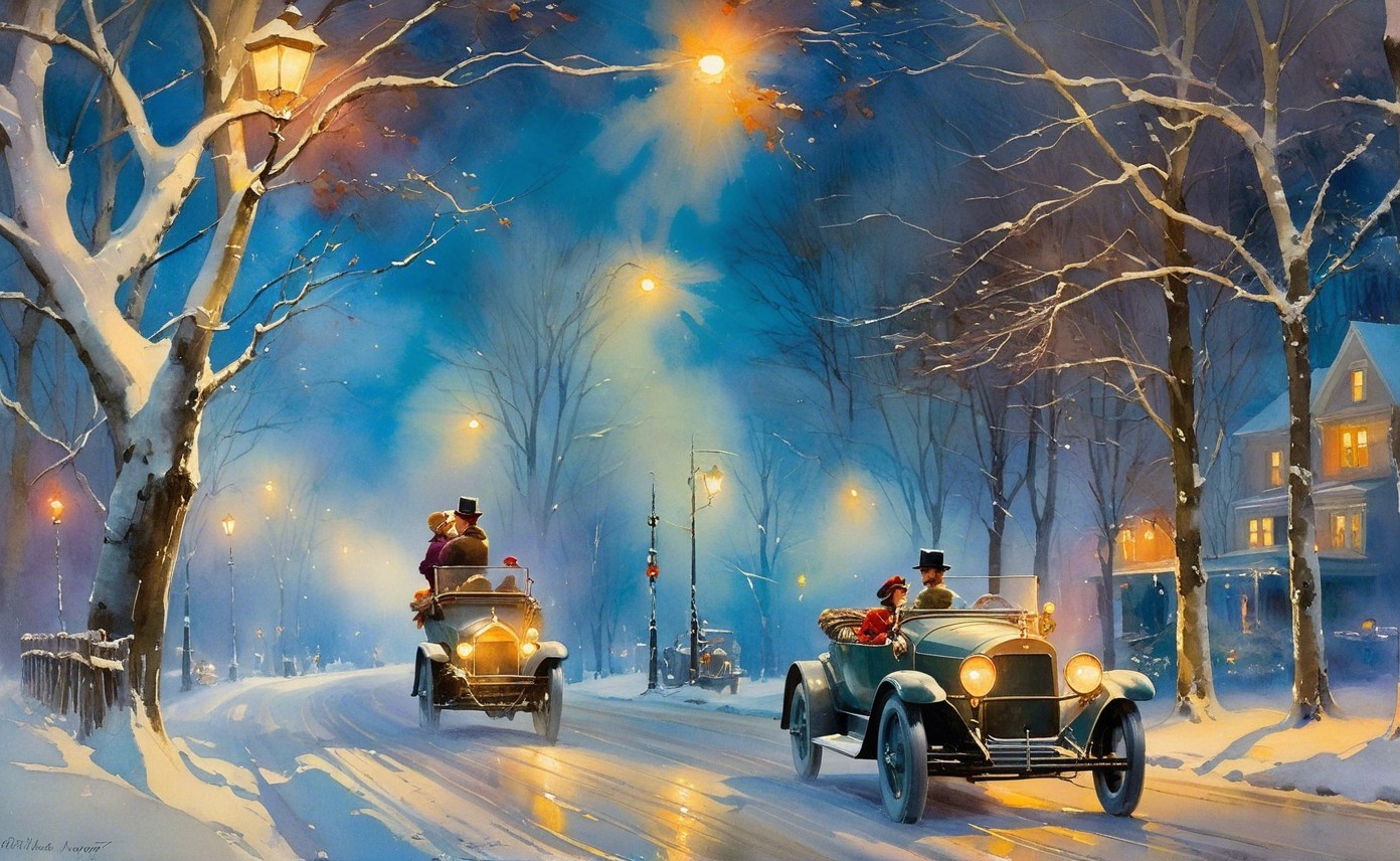 Winter Street Scene with Vintage Cars in Snow