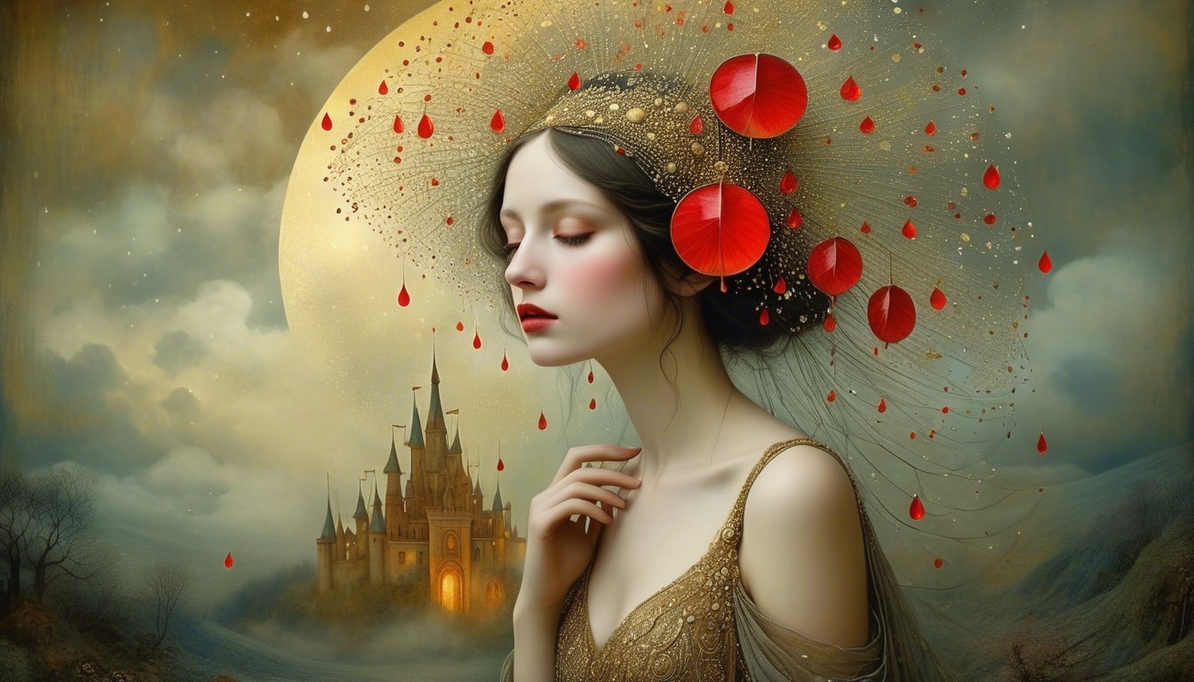 Serene woman with red blossoms in mystical setting