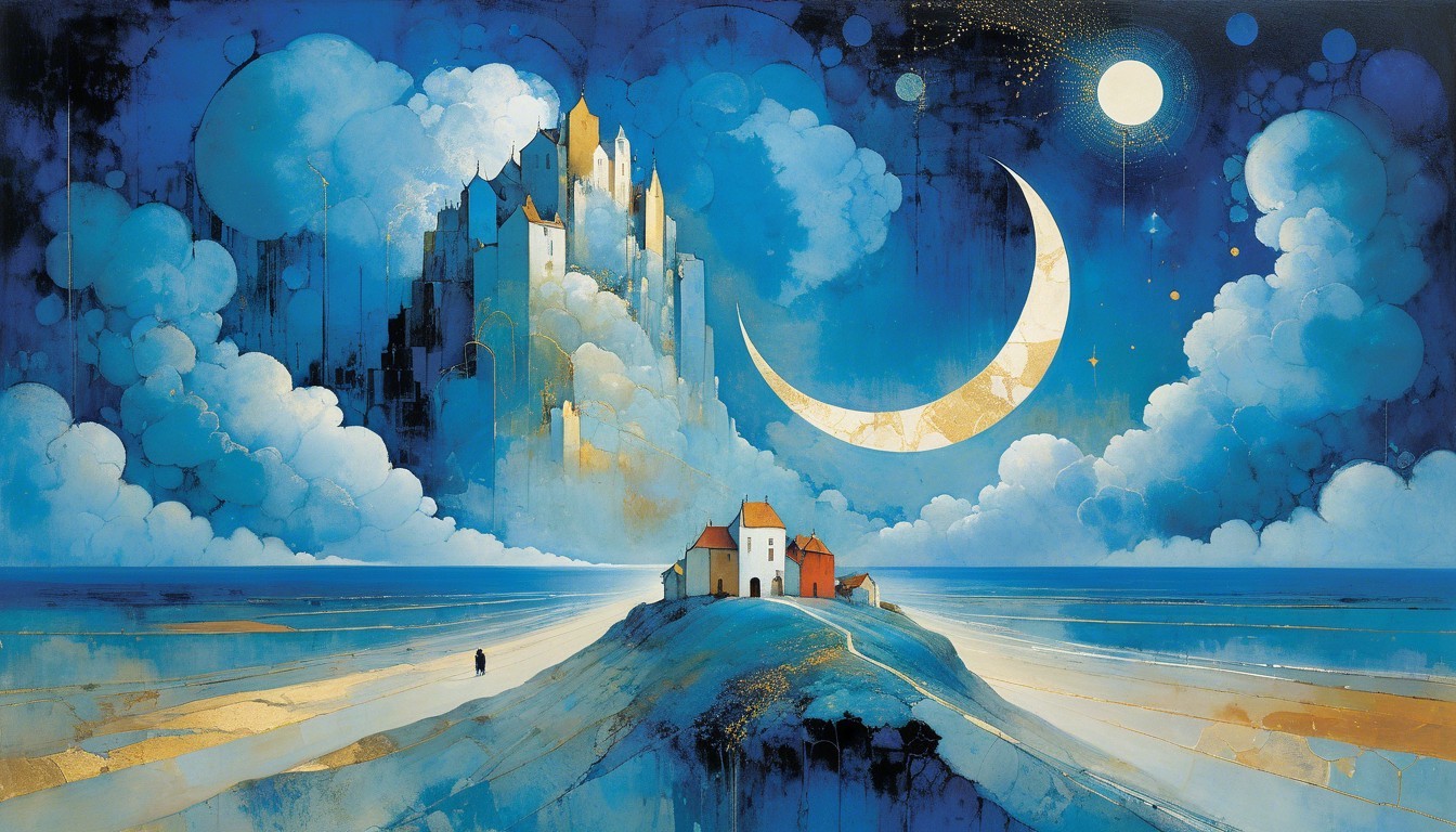 Surreal Seashore Landscape with Moonlit Village