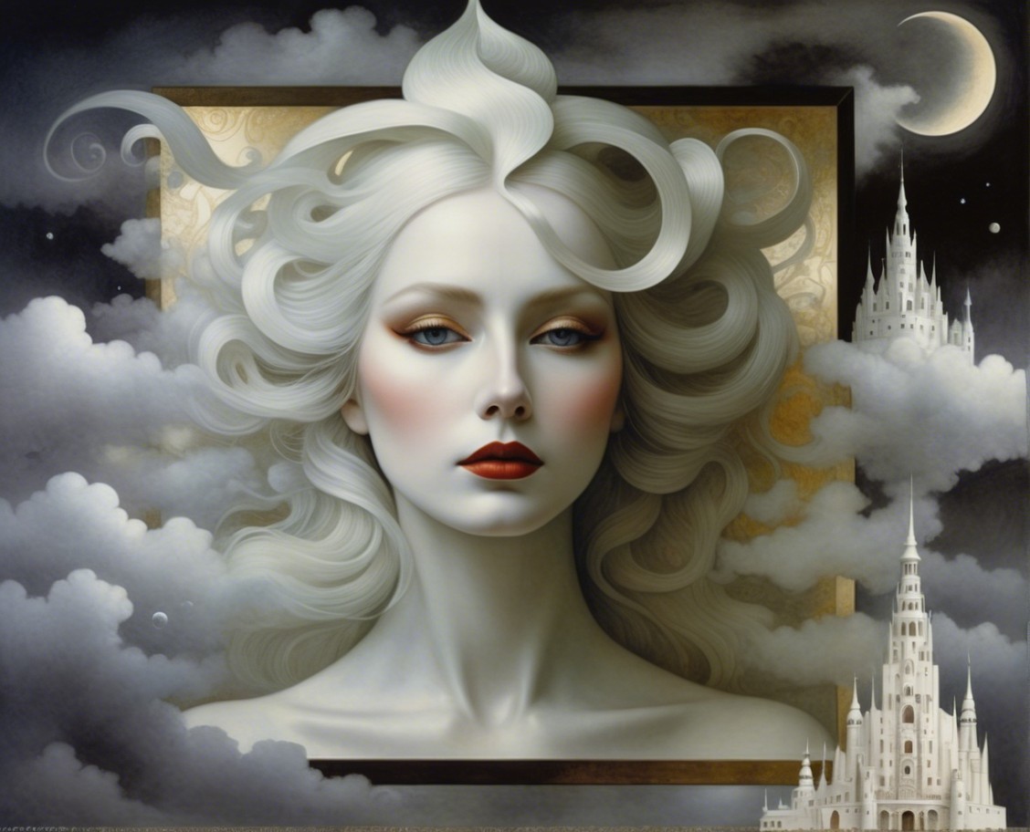 Portrait of a woman with white hair and twilight backdrop